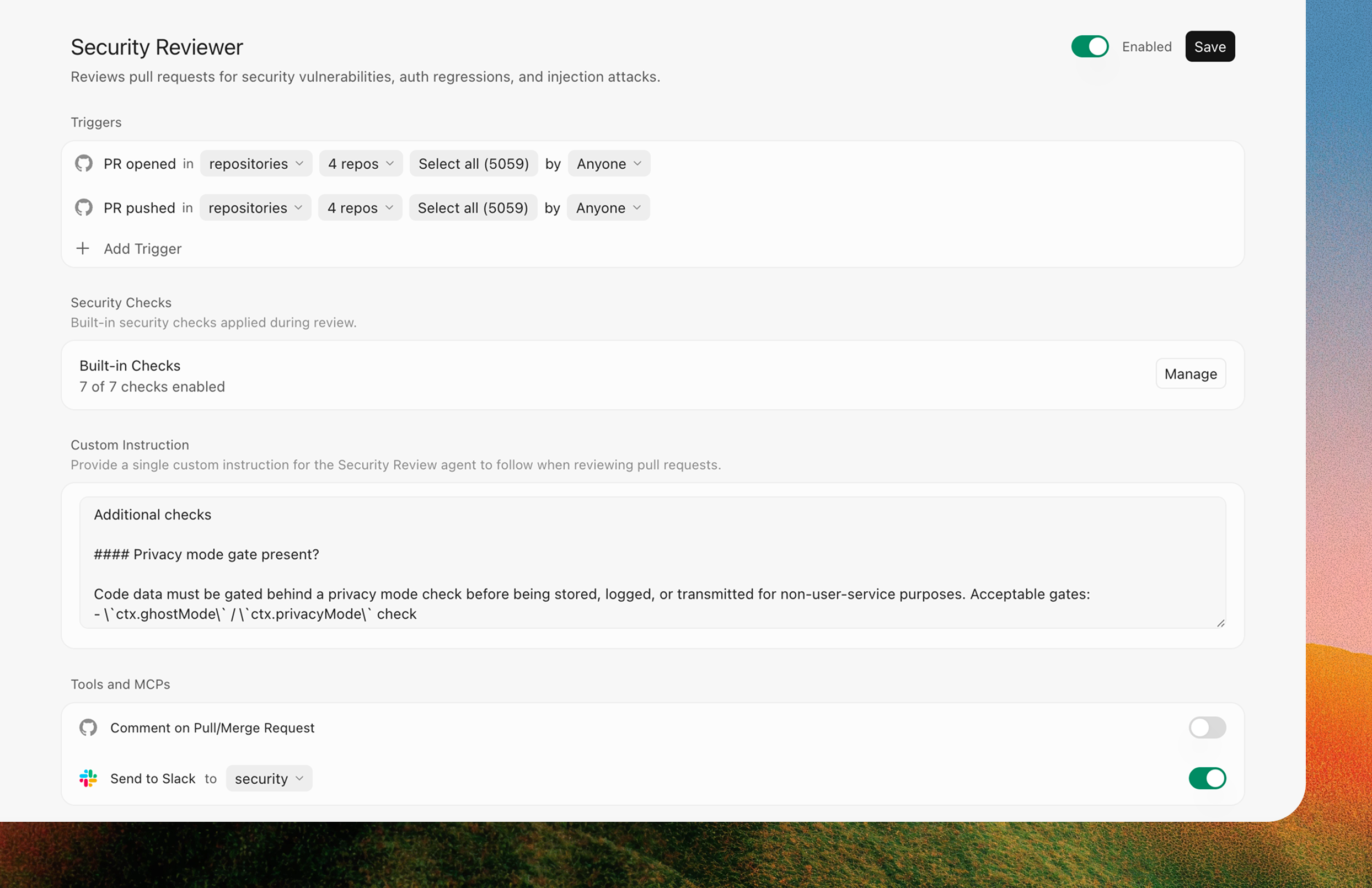 Security Reviewer leaving inline comments on a pull request diff.