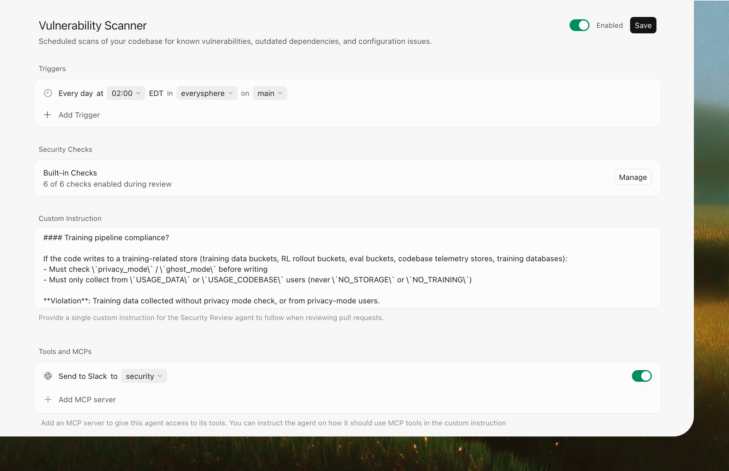 Vulnerability Scanner findings and scheduled scans in Cursor.